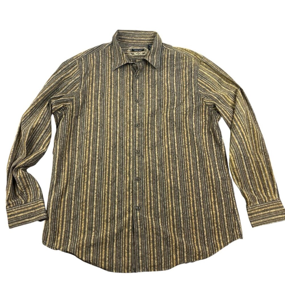 Structure Mens Floral Paisley Stripe Button Up Shirt XLarge Brown Neutral Casual